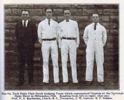 1924 Judging Team--The Va. Tech Dairy Club Stock Judging Team which represented Virginia at the National Dairy Show in Milwaukee 1924. Reading from left to right, they are: Prof. F.A. Buchanan, Coach; R.L. Torreyson, J.W. Garrett, B.F. Stakes