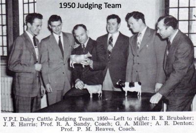 V.P.I. Dairy Cattle Judging Team, 1950--Left to right; R.E. Brubaker; J.E. Harris; Prof. R.A. Sandy, Coach;
