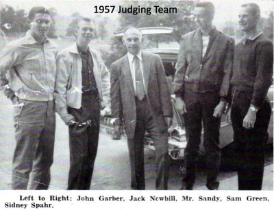 1957 Judging Team-Left to Right: John Garber, Jack Newbill, Mr. Sandy, Sam Green, Sidney Spahr.