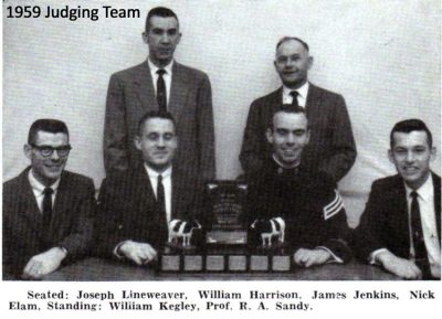 1959 Judging Team-Seated: Joseph Lineweaver, William Harrison, James Jenkins, Nick Elam. Standing: Willliam Kegley, Prof. R.A. Sandy.