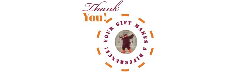 HokieBird jumping in front of Burruss Hall. "Thank You! Your Gift makes a difference!"