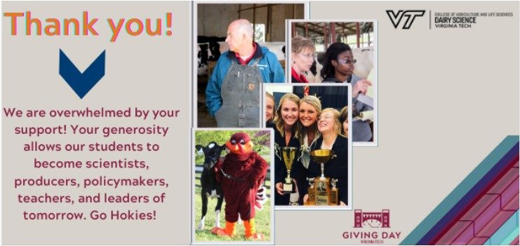 Photo collage: Dr. Mike Barnes in barn, Dr. Katharine Knowlton with student in barn, judging team with trophies, Hokie Bird with Holstein. "We are overwhelmed by your support! Your generosity allows our students to become scientists, producers, policymakers, teachers, and leaders of tomorrow. Go Hokies!"