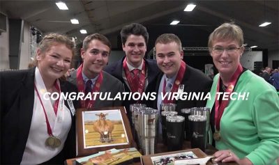 Virginia Tech Dairy Judging Team after the World Dairy Expo banquet with all of their awards.