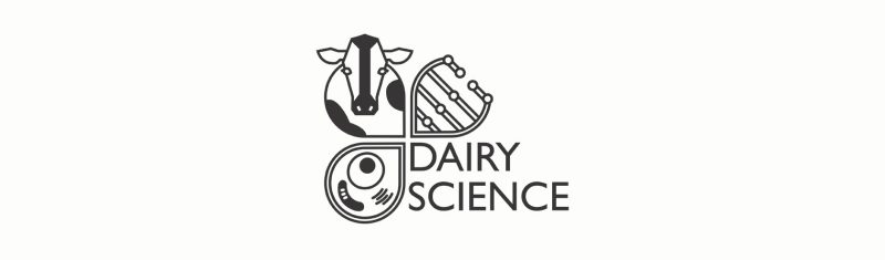Graphic element depicting a cell, strand of dna, and holstein cow and the words "Dairy Science".